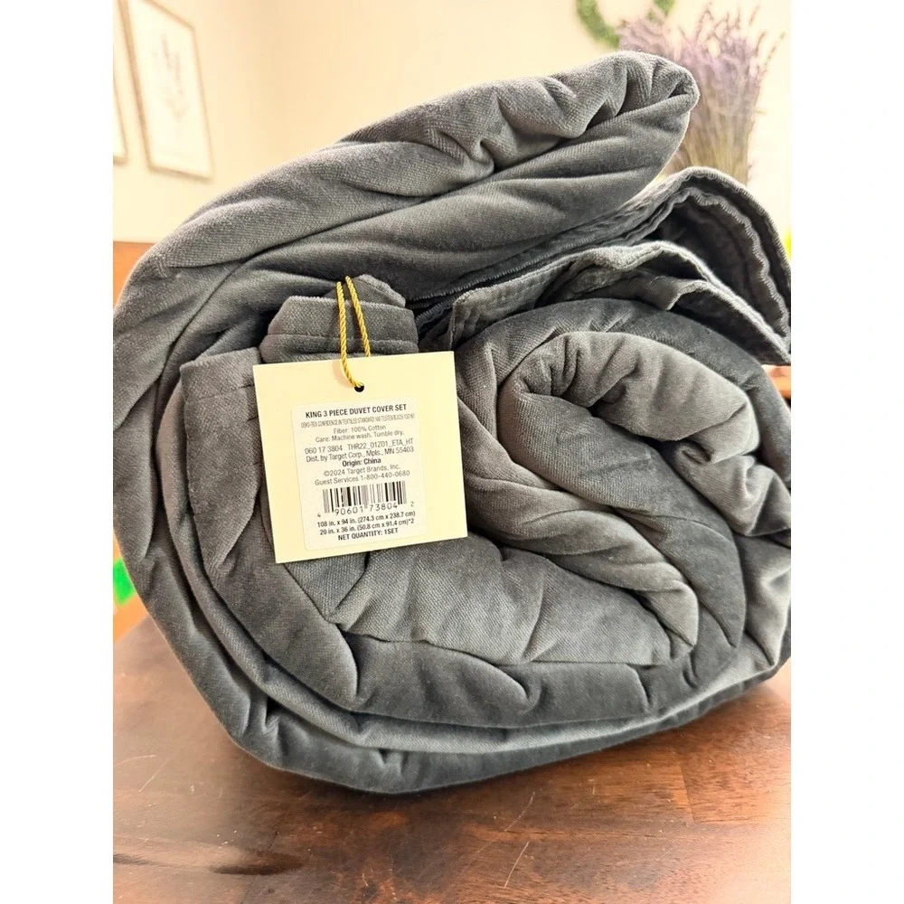 Threshold Velvet‎ Duvet Cover Set King Dark Gray 3pc Cotton NWT